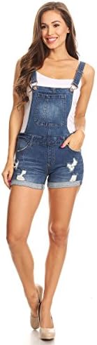 Instar Fashion Women's Juniors Distressed Cuffed Denim Overalls (Small, Dark Denim)