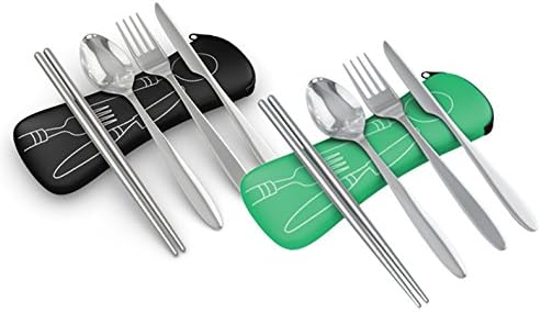 Roaming Cooking Reusable Travel Utensils with Case | Fork and Spoon Set with Knife, Chopsticks and Optional Reusable Straw– Office, Travel, or Camping Accessories| Lightweight Sturdy Reusable Utensils
