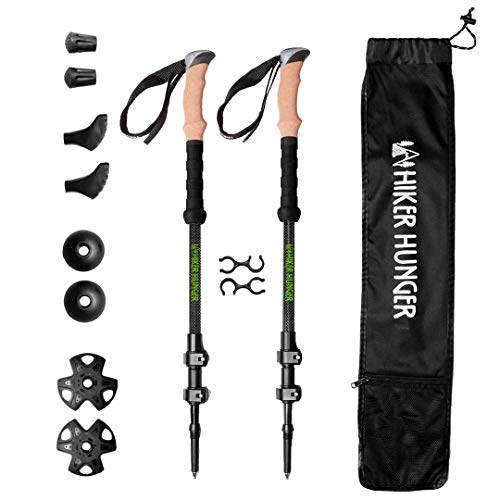 Hiker Hunger 100% Carbon Fiber Trekking Poles - Ultralight & Collapsible with Quick Flip-Lock, Cork Grips, Tungsten Tips