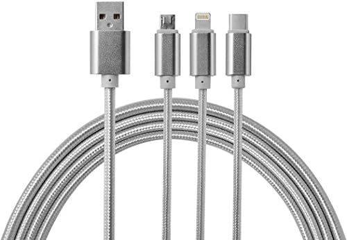 Hgrope 3 in 1 PowerLine USB 2.0 4FT Charging Cable with Micro USB, USB Type C, Lighting Cable Compatible for iPhone 5/5s/5c 6/6s Plus, Android Phones (Silver)