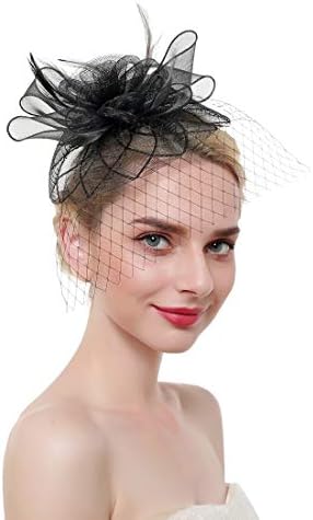 MEILIS Flower Cocktail Tea Party Headwear with Veil Feather Fascinators Derby Hat for Girls and Women