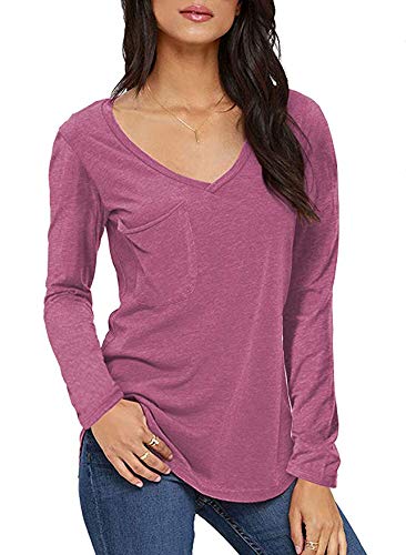 Tobrief Womens Long Sleeve V Neck Loose Casual Shirt Tops with Pocket