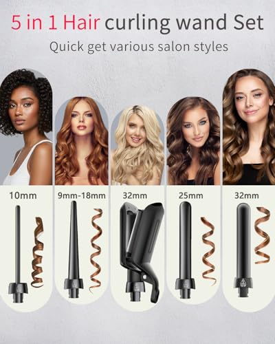 5 in 1 Hair Curler,Hair Curler with Wave,Instant Heating Curling Iron with Interchangeable Ceramic Barrels(9mm-32mm), Dual Voltage Birthday Gifts for Women