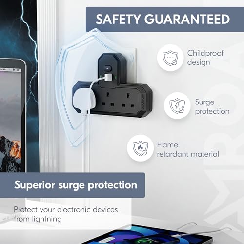 AMROAH Multi Socket 7 in 1 with Night Light, Universal Multi Plug Socket with 3 AC Outlets UK/UAE, Wall Mount Multi Plug with USB Ports, 2 USB A 2 USB C for Home Office Travel