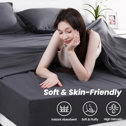 Elegear 80g Dark Grey US Size Microfiber Full Sheet Set 4 Piece,Deep Pocket Sheets,Easy Care Full Size,Deep Pocket Cooling Bed Sheet Set, with1 Fitted Sheet, 1 Flat Sheet and 2 Pillowcases,King