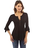 PattyBoutik Women's Henley Lace Inset 3/4 Bell Sleeve Blouse (Black S)