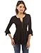 PattyBoutik Women Henley Lace Inset 3/4 Bell Sleeve Blouse (Black Small)