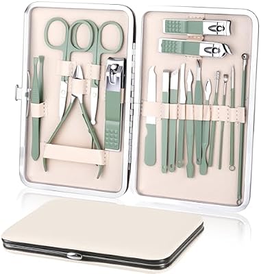 Kit Manucre Pedicure, 18pcs Coupe Ongle Professionnel Set Coupe Cuticule Acier Inoxydable, Trousse Manucure Pedicure avec Exquis La Boîte pour Voyage et à la Maison (Vert)