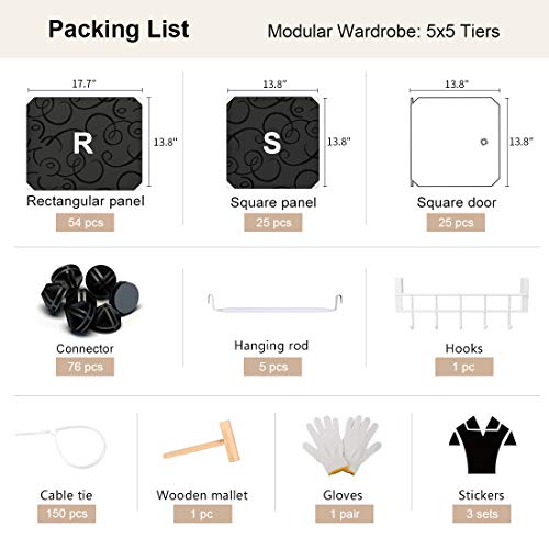 GEORGE&DANIS Portable Wardrobe Closet Armoire Plastic Dresser Bedroom Cube Storage Organizer, Black, 18 inches Depth, 5x5 Tiers - Thumbnail 5