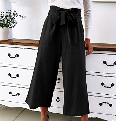 Botrong Women's Wild Casual Lace Loose Solid Cropped Trousers (Black,XL) - Thumbnail 2