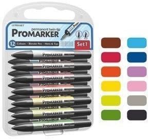Letraset Promarker 12 Pen Set - Set 1 Bolder Colours + Blender Pen