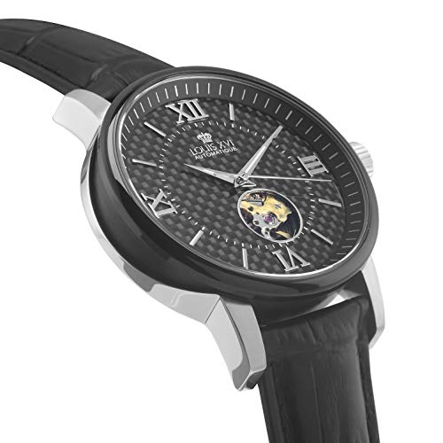 LOUIS-XVI-Herren-Armbanduhr-Le-Louvre-Bicolor-Silber-Schwarz-Karbon-Automatik-Skeleton-Analog-echtes-Leder-Schwarz-975