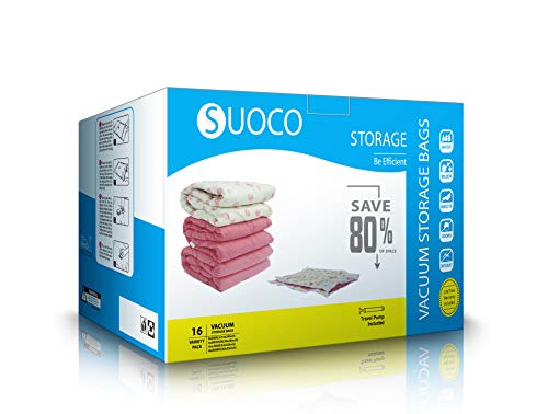 SUOCO Premium Vacuum Storage Bags 16 Pack (4 x Jumbo, Large, Medium, Small) 80% More Space Saver Bags for Clothes, Blankets, Comforters, Pillows - Travel Hand Pump Included