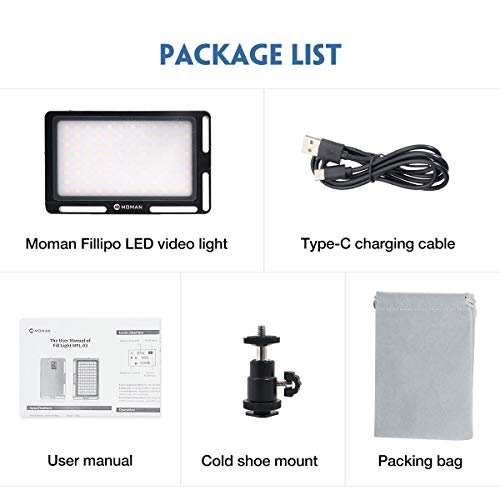 Moman On-Camera LED Video Light Panel 4.5 Inch, CRI96+ Metal-Attachable Mini Film Lighting Kit with OLED Display, Bi-Color 3500K-5700K Dimmable, for Portrait Photography, Aluminum (Black)