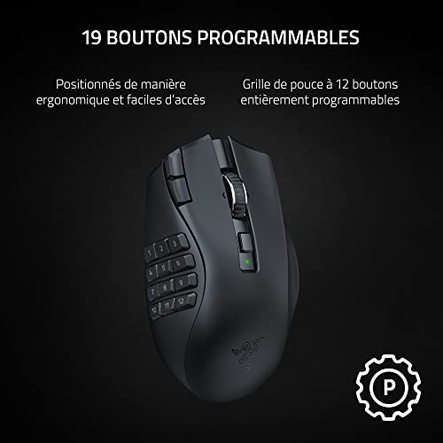 Naga V2 HyperSpeed - Souris de Jeu MMO sans Fil Ergonomique (avec 19 Boutons programmables, sans Fil HyperSpeed (2,4 GHz), Bluetooth, jusqu'à 250 Heures, capteur Optique Focus Pro 30K) Noir
