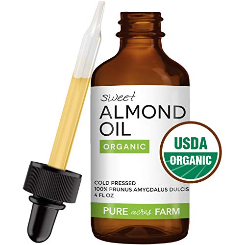 Sweet Almond Oil for Skin and Hair by Pure Acres Farm. USDA Certified Organic, Cold Pressed, 100% Unrefined, Hexane Free. Therapeutic Massage Carrier Oil for Face, Body (4oz)