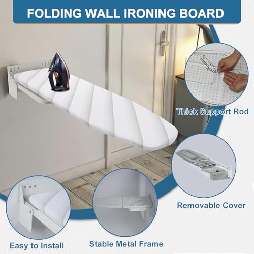 Tcatec Wall Mounted Ironing Board Folding Pull Out Ironing Table 180° Rotating Ironing Table with Heat Resistant Cover for Space Saving Home Laundry Room Drawer Wardrobe, 95 x 30 x 18cm