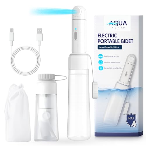 AquaNomad Portable Bidet with 350ML Bottle - USB-Type C Portable Travel Bidet Electric, Dual Pressure Travel Bidet with LED Light - Waterproof Portable Shattaf, Bidet Sprayer for Toilet Travel