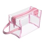 Zodaca Travel Sundry Bag, Transparent Cosmetic Bag Organizer Portable Storage Pouch for carrying Makeup Toiletry Compact Size with Handle, Clear/Light Pink