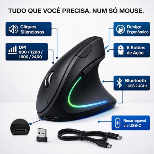 Mouse Ergonômico Vertical Recarregável Sem Fio, Bluetooth 5.0 + USB 2.4G, Cliques Silenciosos, RGB, DPI Ajustável 800-2400, Compatível com Notebook e PC