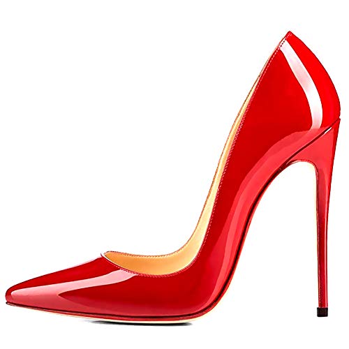 GEEDIAR Women's Stiletto Pumps Thin Heel Shoes Pointy Pumps Ladies Party Dress Pumps Patent Leather Pumps Mules Suede Pumps Wedding Party Basic Pointed Heel Shoes Red