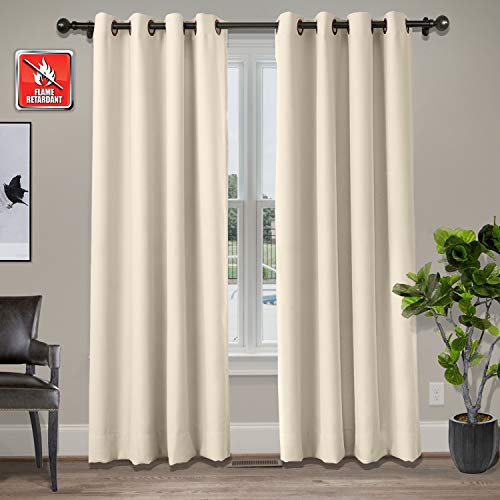 cololeaf Flame Retardant Fire Resistant Curtains Thermal Insulated Blackout for Home Kitchen Office Hotel School Cinema and Hospital- Anti-Bronze Grommet - Beige 52W x 63L Inch (1 Panel) - Thumbnail 2