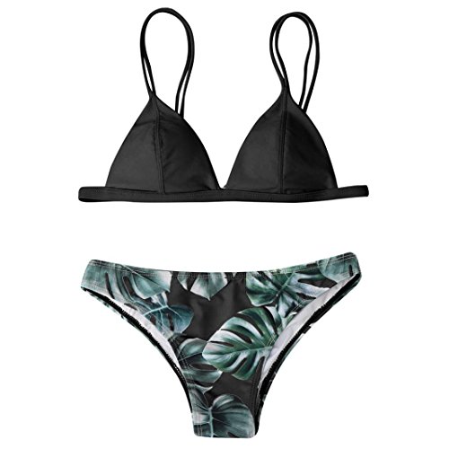 Suma-ma Solid Color Bikini Top+Leaves Printed Panty Bikini Set Tankinis, Sexy Women Summer Beach Push-Up Padded Swimsuit
