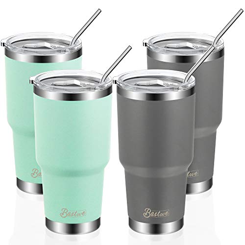 4 Pack 30oz Vacuum Insulated Tumblers, Bastwe Double Wall Stainless Steel Travel Tumblers with Lids and Straws for Home, Office, School, Works Great for Ice Drink, Hot Beverage (Seafoam + Gray)
