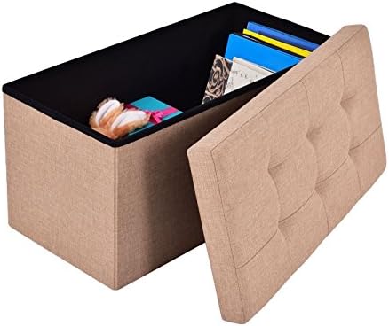 Folding Storage Ottoman Bench Linen Fabric - Lift Top Rectangle Footrest - Best For Living Room, Guest Room, Bedroom