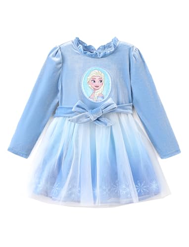Disney Frozen Elsa Princess Cinderella Ariel Jasmine Rapunzel Baby/Toddler Dress, Ruffle Long-Sleeve Mesh Overlay Tulle Dress