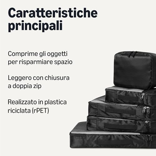 , Set di 8 Packing Cube, Accessori da Viaggio, Organizer per Bagagli con Doppia Cerniera, 100% Poliestere, Diverse Misure, Colore Nero