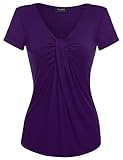 Zeagoo Women V Neck Twist Knot Front Short Sleeve Casual Top Purple Large