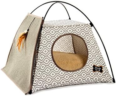 Trendy Pet Cat Tent with Attached Cat Scratcher | Removable Bolstered Microfiber Pillow - 21in x 21in x 18.5in - Gray