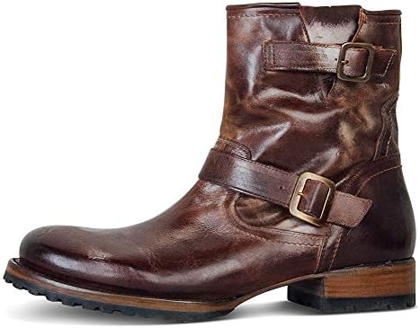 Aisun Men's Chic Buckle Strap Inside Zip Up Round Toe Flat Western Boots with Zipper