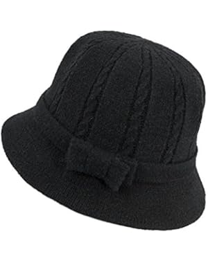 Women's Wool Blend Winter Hat - Cable Bow Cloche Bucket Hat