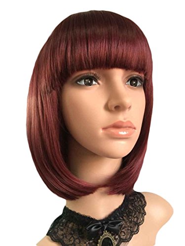 eNilecor Short Bob Hair Wigs 12" Straight with Flat Bangs Colorful Synthetic Cosplay Daily Party Wig for Women Natural As Real Hair+ Free Wig Cap (Wine Red)