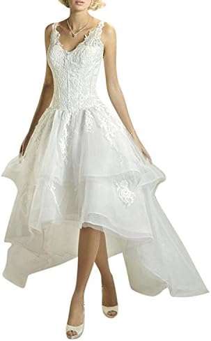 Mella Women's High Low Applique Organza Beach Wedding Dresses for Bride 2017