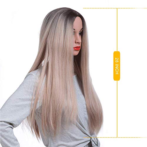 70cm Womens Straight Long Blonde Wigs, Ombre Ash Brown And Platimum Blonde Mixed Color Hair Wigs For Women, 28inch Long Dirty Blonde Wig (Dirty Blonde) - Thumbnail 5