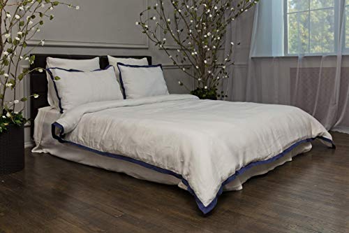 image for LinenArt Eclectic Off-White Linen Duvet Cover – with Blue Flanges an