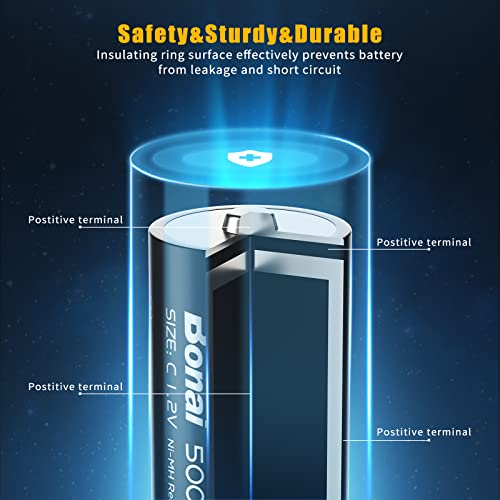 BONAI C Rechargeable Batteries 5000mAh Prerecharge, 1.2v NI-MH 4 Pieces C Rechargeable Battery, Rechargeable Batteries Type C / R14 / LR14