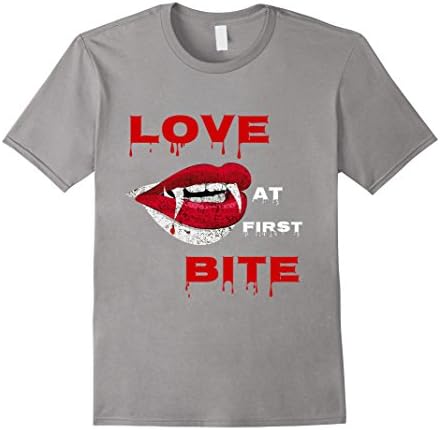 Mens Love at first Bite VampireTeeth Halloween Shirt 2XL Slate