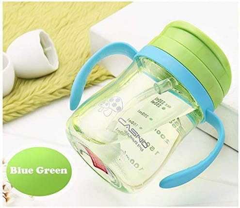 330ml Shock-Resistant Baby Sippy Cups Kids Drinking Bottles Infant Children Learn Drinking Dual Handles Straw Juice Slid Feeding,Blue Green