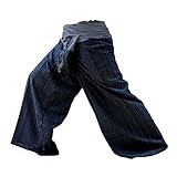 LannaPremium 2 Tone Thai Fisherman Pants Yoga Trousers Free Size Plus Size Cotton Dark Blue and Drill Striped Gray