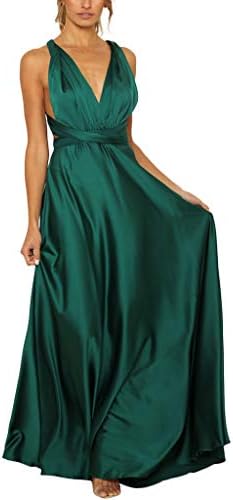 HEHEMAUD Women Ladies Blackless Sleeveless Deep V Neck Long Dress Green Pink S/M/L/XL