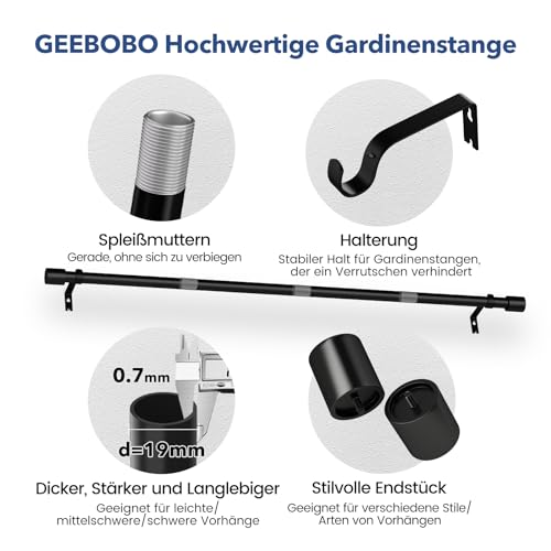 Curtain Pole Black 76-228 cm Extendable 19 mm Diameter for Bedroom, Living Room or Kitchen GEEBOBO