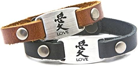 Dillon Rogers " Chinese character for love " - Men's Leather bracelet with metal I.D. style charm - Brown
