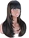 Kalyss Heat Resistant Yaki Human Hair Blended Wig with Hair Bangs Long Straight Layered Black Wigs with Brown Highlights Natural Looking Centre Parting Hair Replacement Wigs for Women