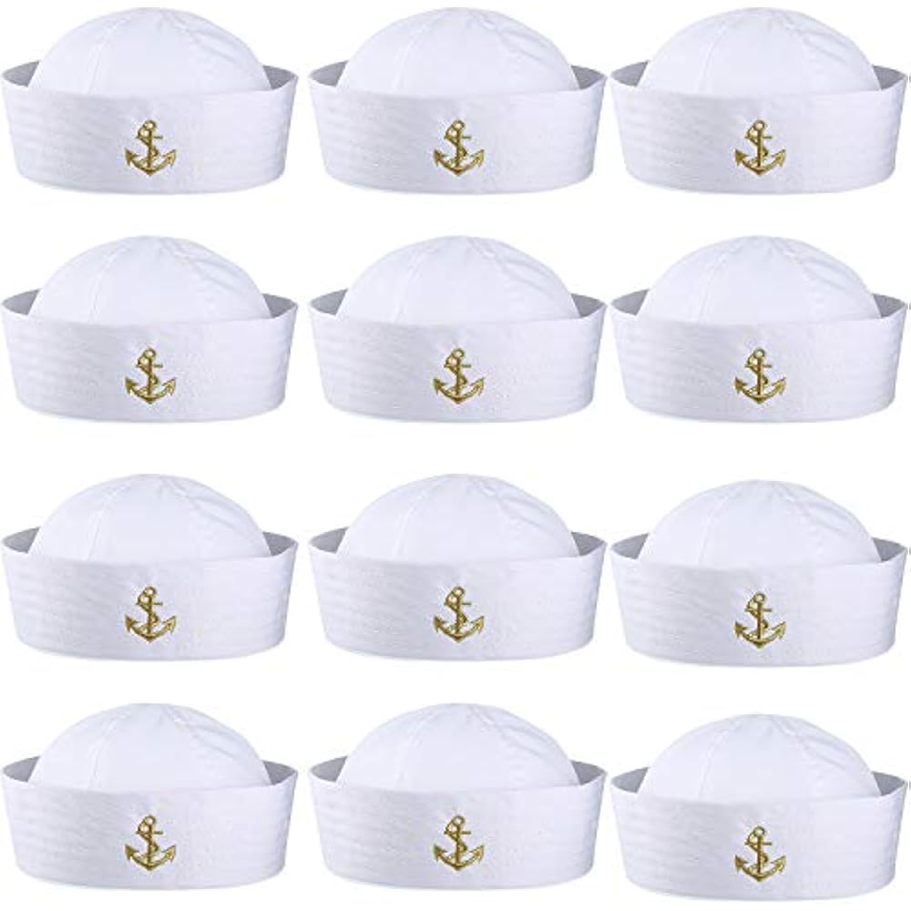 Boao 12 Pieces Halloween White Sailor Hat Captain Caps Yacht Nautical