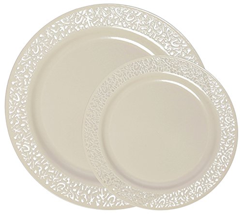 Party Joy 50-Piece Plastic Dinnerware Set | Lace Collection | (25) Dinner Plates & (25) Salad Plates | Heavy Duty Premium Plastic Plates for Wedding, Parties, Camping & More (Ivory)