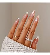 KXAMELIE White Fake Nails With Nail Glue Almond Shape Press on Nails Medium Nude White Daisy Flow...